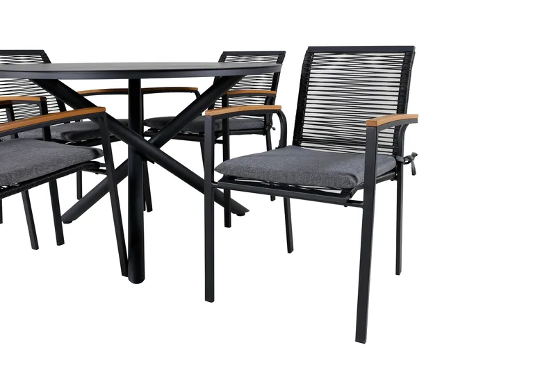 Ruokailuryhmä Alma Pyöreä 120 cm 4 Dallas tuolia - Musta - Puutarhakalusteet - Ulkoryhmä - Ruokailuryhmät ulos