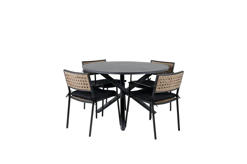 Ruokailuryhmä Alma Pyöreä 120 cm 4 Paola tuolia, Musta/Luonnonväri