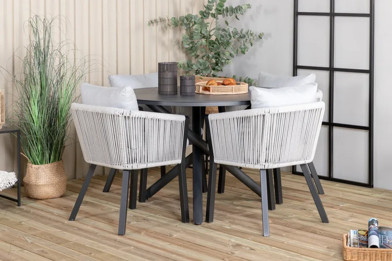 Ruokailuryhmä Alma Pyöreä 120 cm 4 Virya tuolia - Musta/Harmaa - Puutarhakalusteet - Ulkoryhmä - Ruokailuryhmät ulos