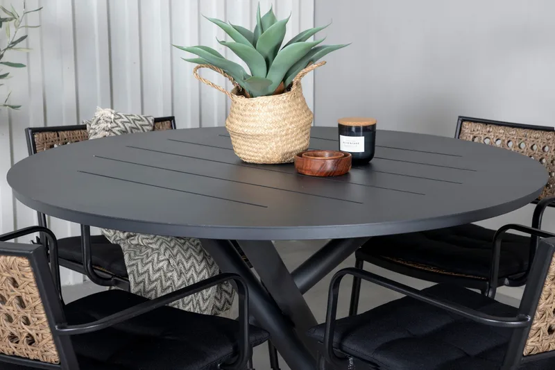 Ruokailuryhmä Alma Pyöreä 120 cm 4 Paola tuolia - Musta/Luonnonväri - Puutarhakalusteet - Ulkoryhmä - Ruokailuryhmät ulos