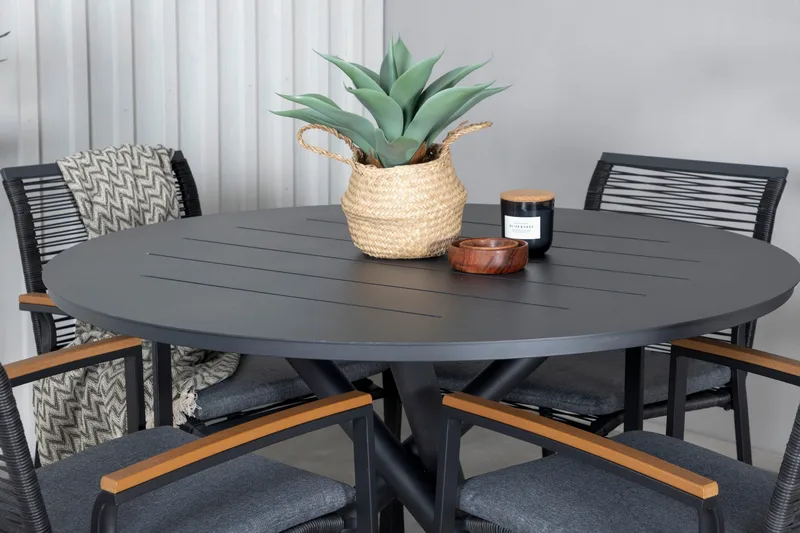 Ruokailuryhmä Alma Pyöreä 120 cm 4 Dallas tuolia - Musta - Puutarhakalusteet - Ulkoryhmä - Ruokailuryhmät ulos