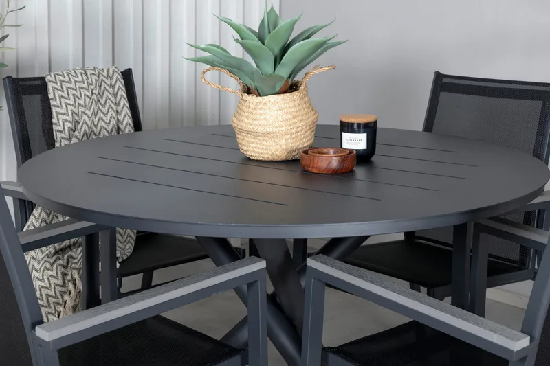 Ruokailuryhmä Alma Pyöreä 120 cm 4 Parma tuolia - Musta - Puutarhakalusteet - Ulkoryhmä - Ruokailuryhmät ulos