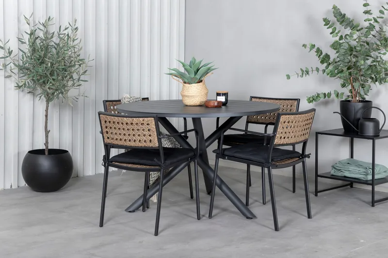 Ruokailuryhmä Alma Pyöreä 120 cm 4 Paola tuolia - Musta/Luonnonväri - Puutarhakalusteet - Ulkoryhmä - Ruokailuryhmät ulos