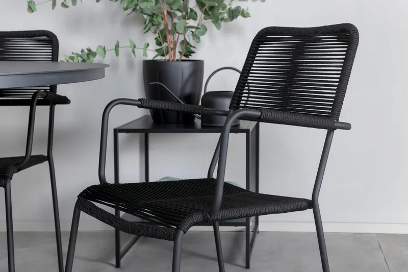 Ruokailuryhmä Alma Pyöreä 120 cm 4 Lindos tuolia - Ruskea/Valkoinen - Puutarhakalusteet - Ulkoryhmä - Ruokailuryhmät ulos