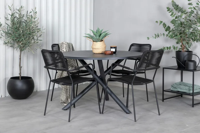 Ruokailuryhmä Alma Pyöreä 120 cm 4 Lindos tuolia - Ruskea/Valkoinen - Puutarhakalusteet - Ulkoryhmä - Ruokailuryhmät ulos