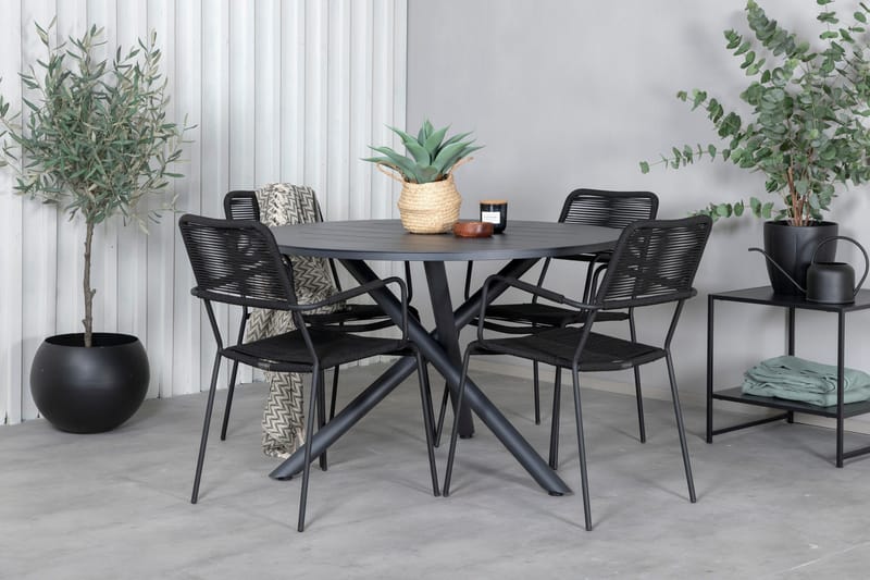 Ruokailuryhmä Alma Pyöreä 120 cm 4 Lindos tuolia - Ruskea/Valkoinen - Puutarhakalusteet - Ulkoryhmä - Ruokailuryhmät ulos