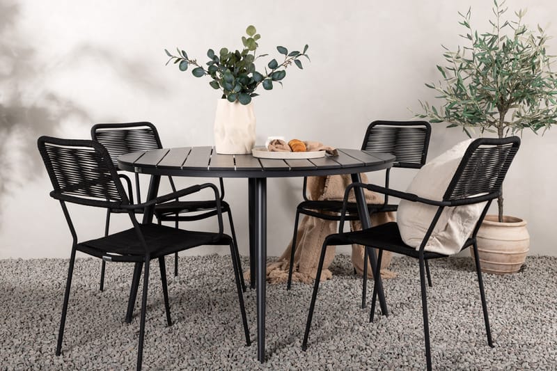 Ruokailuryhmä Break Pyöreä 120 cm 4 Lindos tuolia - Musta - Puutarhakalusteet - Ulkoryhmä - Ruokailuryhmät ulos