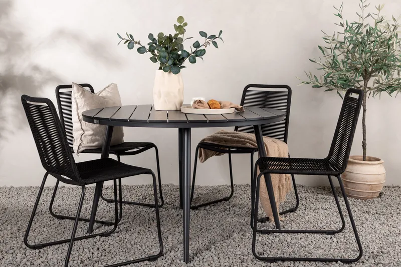 Ruokailuryhmä Break Pyöreä 120 cm 4 Lindos tuolia - Musta - Puutarhakalusteet - Ulkoryhmä - Ruokailuryhmät ulos
