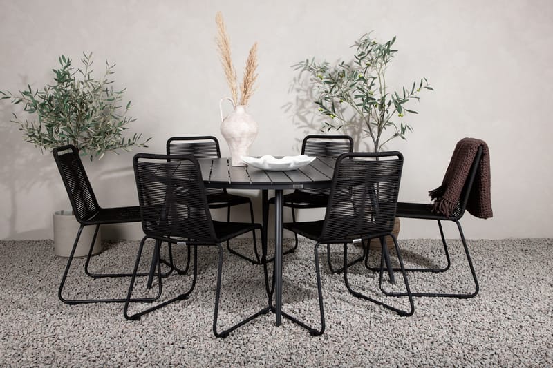 Ruokailuryhmä Break Pyöreä 150 cm 6 Lindos tuolia - Musta - Puutarhakalusteet - Ulkoryhmä - Ruokailuryhmät ulos