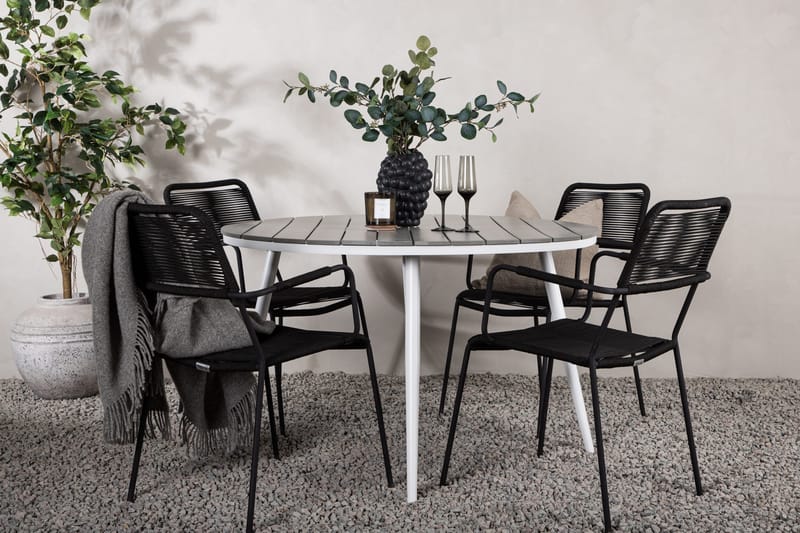 Ruokailuryhmä Break Pyöreä 120 cm 4 Lindos tuolia - Musta/Harmaa - Puutarhakalusteet - Ulkoryhmä - Ruokailuryhmät ulos