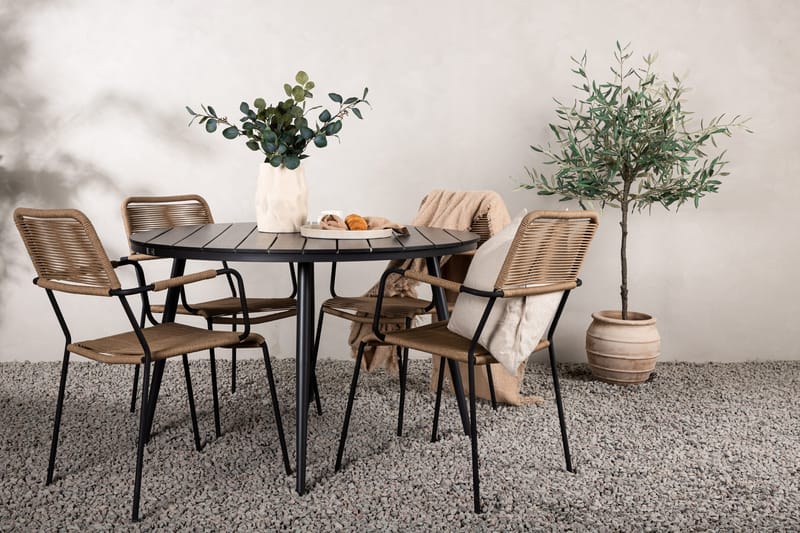 Ruokailuryhmä Break Pyöreä 120 cm 4 Lindos tuolia - Musta/Beige - Puutarhakalusteet - Ulkoryhmä - Ruokailuryhmät ulos