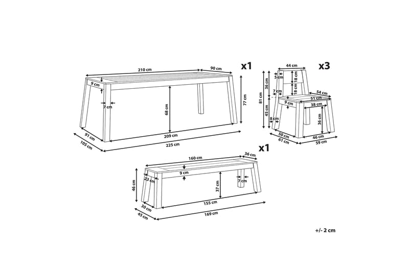 Ruokailuryhmä Coteto 225 cm + 3 tuolia + penkki - Akaasia - Puutarhakalusteet - Ulkoryhmä - Ruokailuryhmät ulos