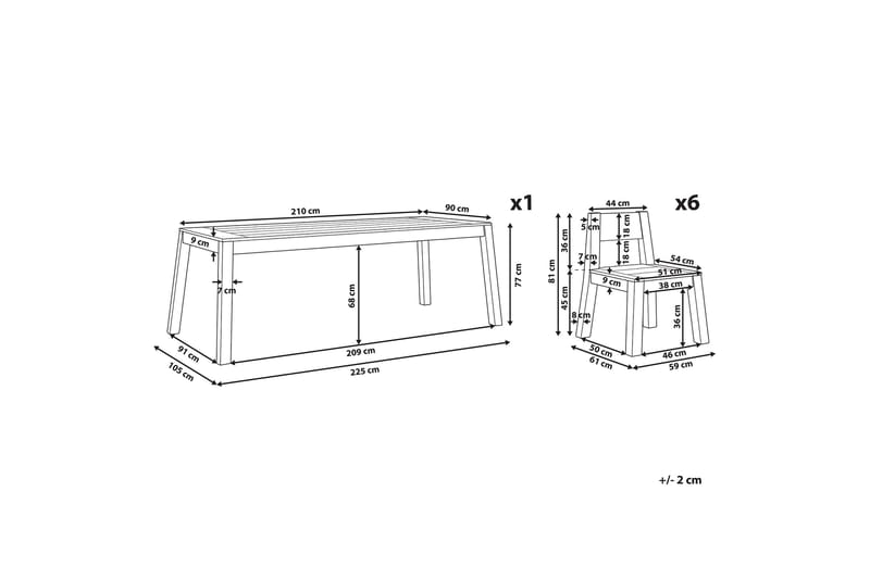 Ruokailuryhmä Coteto 225 cm + 6 tuolia - Akaasia - Puutarhakalusteet - Ulkoryhmä - Ruokailuryhmät ulos
