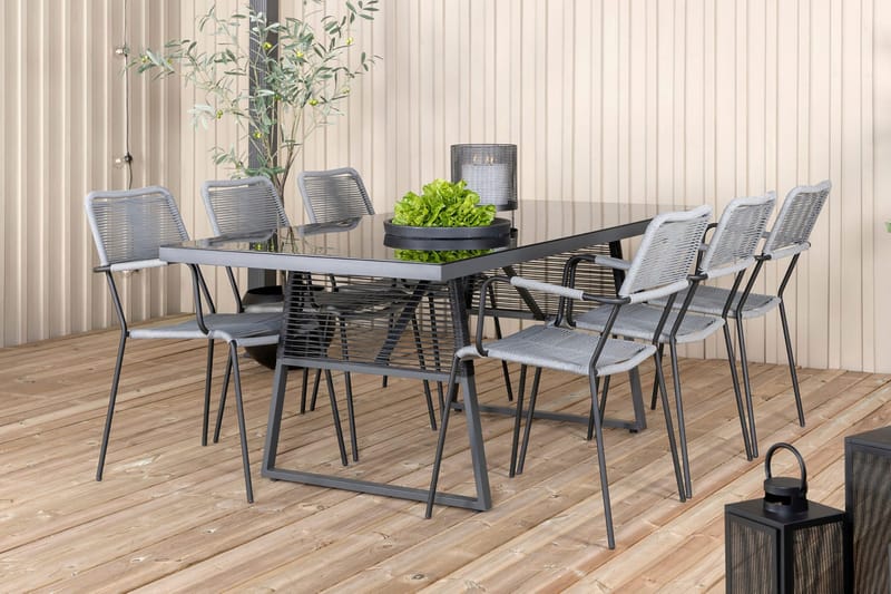 Ruokailuryhmä Dallas 193cm 6 Lindos tuolia - Musta/Harmaa - Puutarhakalusteet - Ulkoryhmä - Ruokailuryhmät ulos