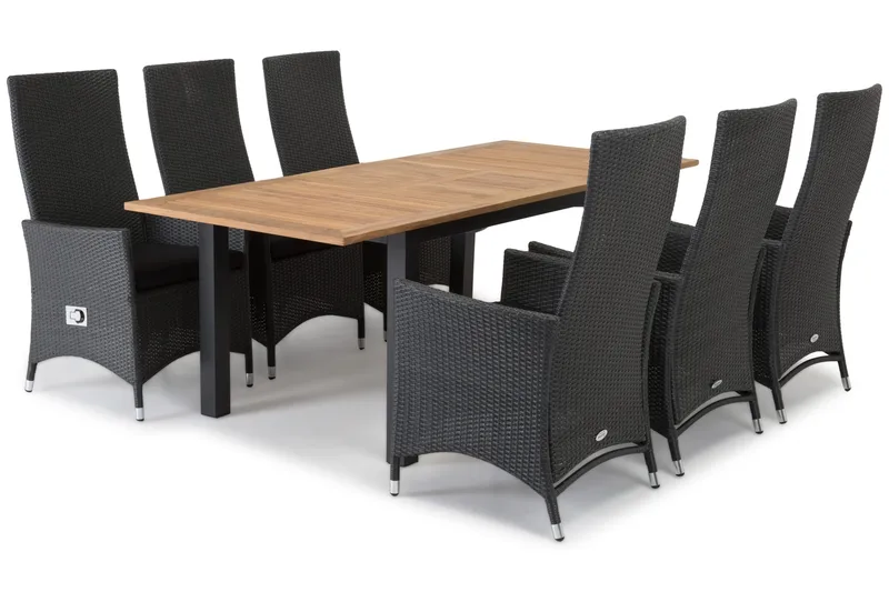 Ruokailuryhmä Las Vegas 152-210 + 6 Jenny Säädettävä Nojatuo - Tiikki/Musta - Puutarhakalusteet - Ulkoryhmä - Ruokailuryhmät ulos