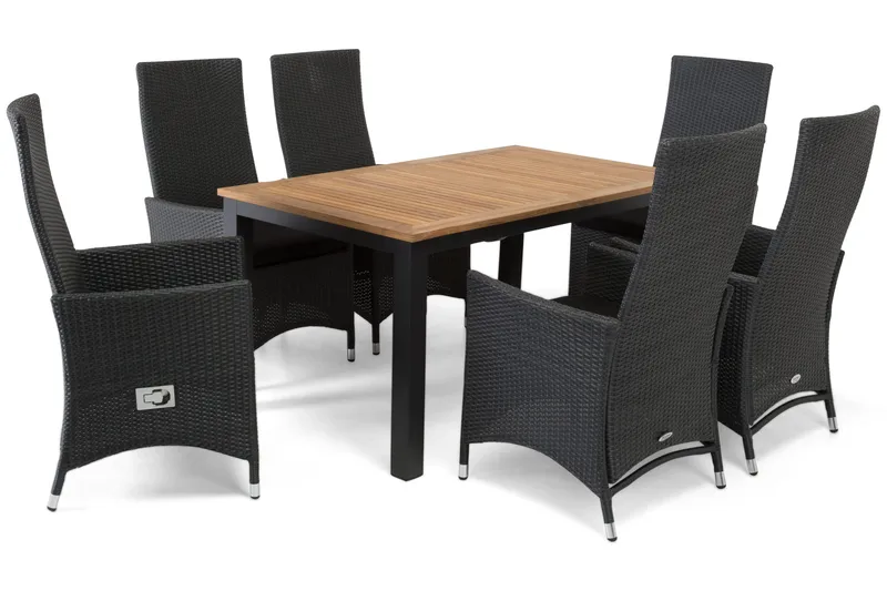 Ruokailuryhmä Las Vegas 152-210 + 6 Jenny Säädettävä Nojatuo - Tiikki/Musta - Puutarhakalusteet - Ulkoryhmä - Ruokailuryhmät ulos