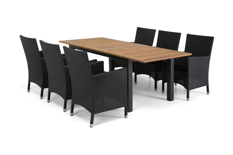 Ruokailuryhmä Las Vegas 152-210 cm + 6 Thor Nojatuolia - Musta/Tiikki/Musta - Puutarhakalusteet - Ulkoryhmä - Ruokailuryhmät ulos