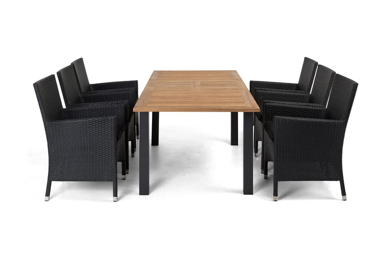 Ruokailuryhmä Las Vegas 152-210 cm + 6 Thor Nojatuolia - Musta/Tiikki/Musta - Puutarhakalusteet - Ulkoryhmä - Ruokailuryhmät ulos