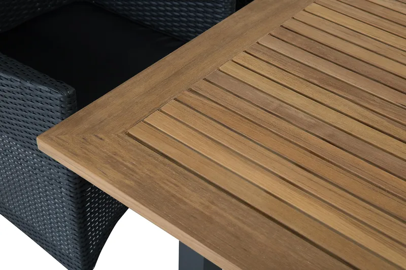 Ruokailuryhmä Las Vegas 152-210 cm + 6 Thor Nojatuolia - Musta/Tiikki/Musta - Puutarhakalusteet - Ulkoryhmä - Ruokailuryhmät ulos