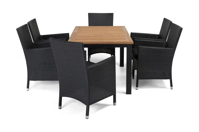 Ruokailuryhmä Las Vegas 152-210 cm + 6 Thor Nojatuolia - Musta/Tiikki/Musta - Puutarhakalusteet - Ulkoryhmä - Ruokailuryhmät ulos