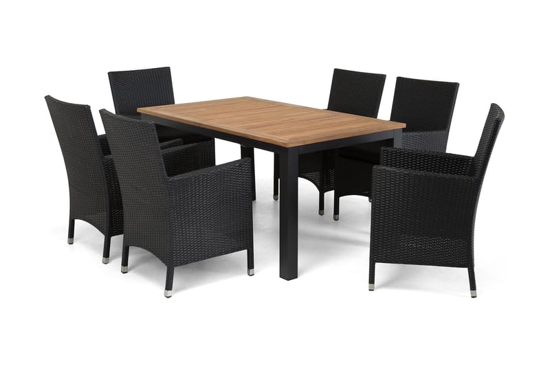 Ruokailuryhmä Las Vegas 152-210 cm + 6 Thor Nojatuolia - Musta/Tiikki/Musta - Puutarhakalusteet - Ulkoryhmä - Ruokailuryhmät ulos