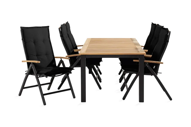 Ruokailuryhmä Las Vegas 152-210x90 + 6 tuolia Pehmuste - Musta/Tiikki - Puutarhakalusteet - Ulkoryhmä - Ruokailuryhmät ulos