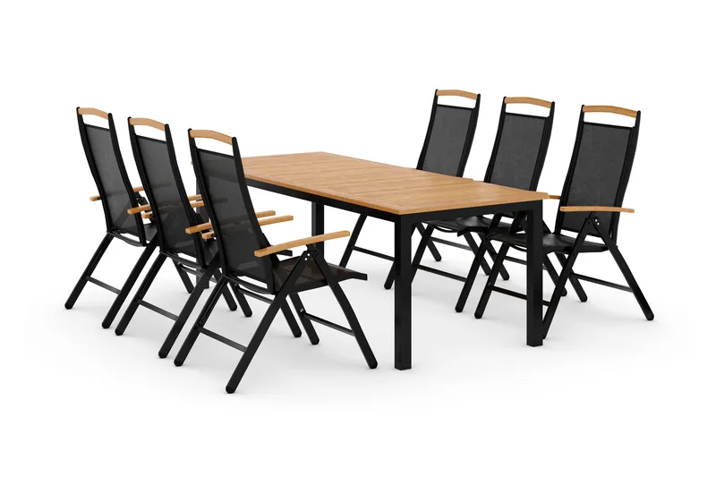 Ruokailuryhmä Las Vegas 220-280 + 6 Säätötuoli Lyx - Musta Tiikki - Puutarhakalusteet - Ulkoryhmä - Ruokailuryhmät ulos