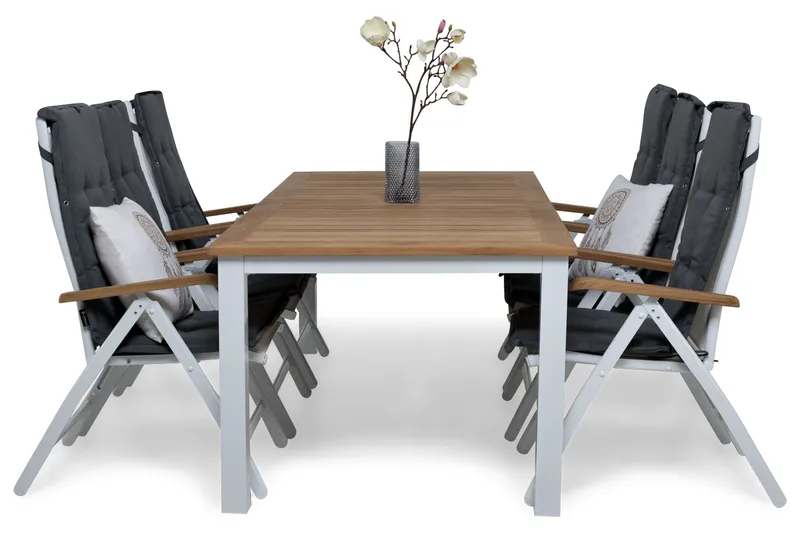 Ruokailuryhmä Las Vegas 220-280 + 6 Säätötuoli Lyx pehmustee - Valkoinen/Tiikki/Valkoinen/Tiikki/Harmaa - Puutarhakalusteet - Ulkoryhmä - Ruokailuryhmät ulos