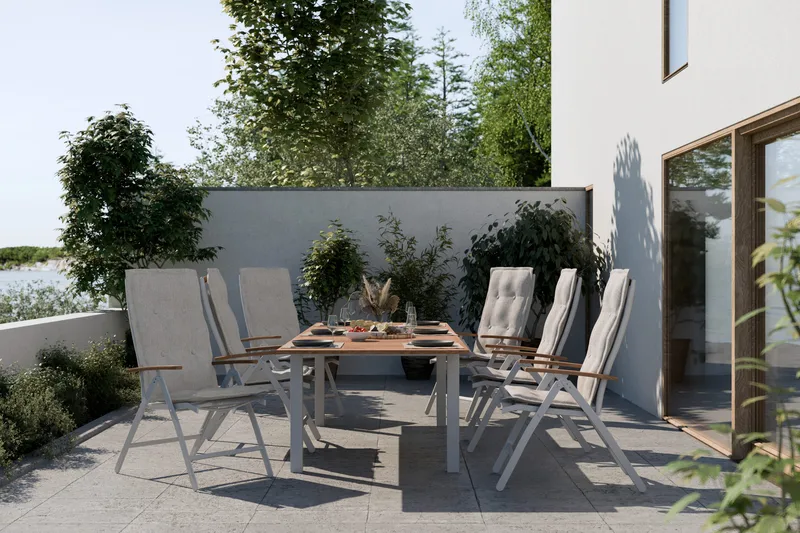 Ruokailuryhmä Las Vegas 220-280 + 6 Säätötuolia Lyx - Tiikki/Valkoinen - Puutarhakalusteet - Ulkoryhmä - Ruokailuryhmät ulos