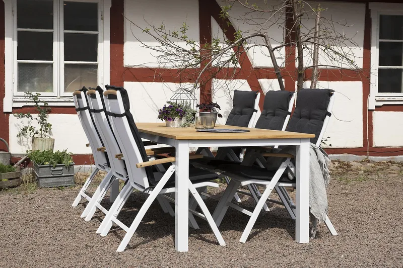 Ruokailuryhmä Las Vegas 220-280 + 6 Säätötuolia Lyx - Tiikki/Valkoinen - Puutarhakalusteet - Ulkoryhmä - Ruokailuryhmät ulos