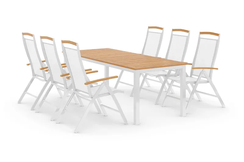 Ruokailuryhmä Las Vegas 220-280 + 6 Säätötuolia Lyx - Tiikki/Valkoinen - Puutarhakalusteet - Ulkoryhmä - Ruokailuryhmät ulos