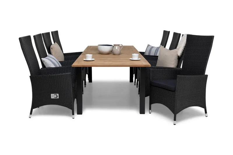 Ruokailuryhmä Las Vegas 220-280 + 8 Jenny Säädettävä Nojatuo - sis Pehmuste Tiikki/Musta/Harm - Puutarhakalusteet - Ulkoryhmä - Ruokailuryhmät ulos