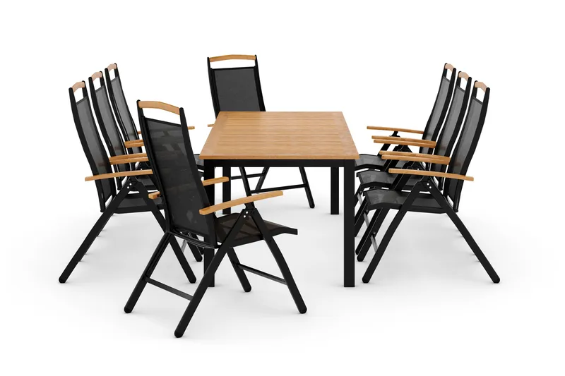 Ruokailuryhmä Las Vegas 220-280 + 8 Säätötuoli Lyx - Musta/Tiikki - Puutarhakalusteet - Ulkoryhmä - Ruokailuryhmät ulos