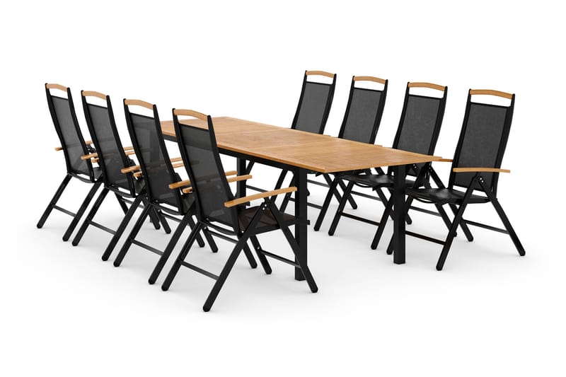 Ruokailuryhmä Las Vegas 220-280 + 8 Säätötuoli Lyx - Musta/Tiikki - Puutarhakalusteet - Ulkoryhmä - Ruokailuryhmät ulos