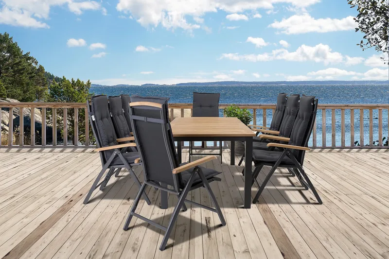 Ruokailuryhmä Las Vegas 220-280 + 8 Säätötuoli Lyx - Musta/Tiikki - Puutarhakalusteet - Ulkoryhmä - Ruokailuryhmät ulos