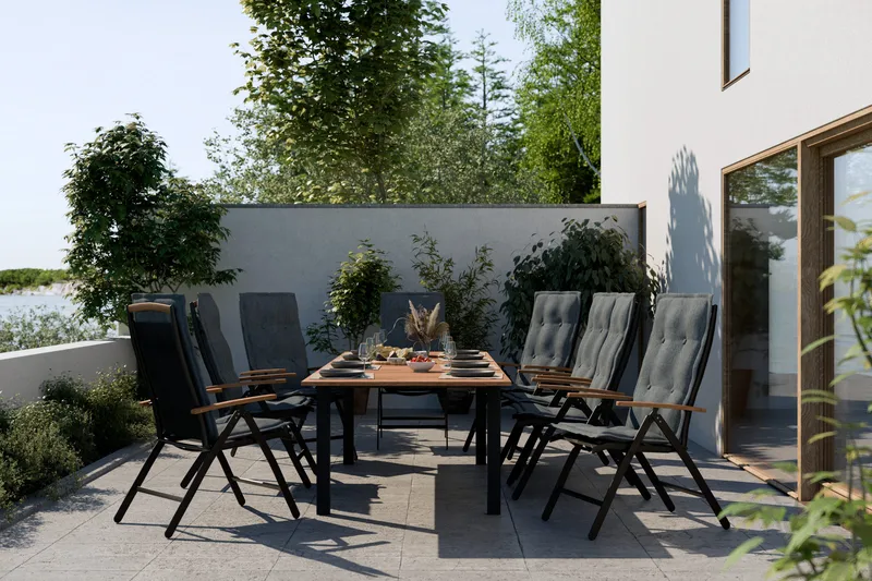 Ruokailuryhmä Las Vegas 220-280 + 8 Säätötuoli Lyx pehmustee - Musta/Tiikki/Harmaa - Puutarhakalusteet - Ulkoryhmä - Ruokailuryhmät ulos