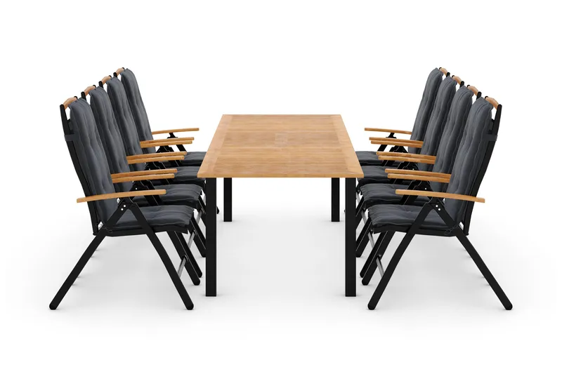 Ruokailuryhmä Las Vegas 220-280 + 8 Säätötuoli Lyx pehmustee, Musta/Tiikki/Harmaa