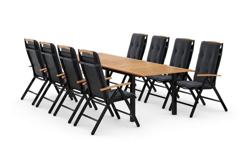 Ruokailuryhmä Las Vegas 220-280 + 8 Säätötuoli Lyx pehmustee - Musta/Tiikki/Harmaa - Puutarhakalusteet - Ulkoryhmä - Ruokailuryhmät ulos