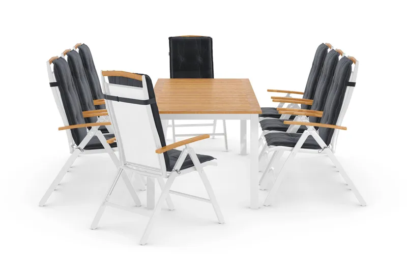 Ruokailuryhmä Las Vegas 220-280 + 8 Säätötuoli Lyx pehmustee - Valkoinen/Tiikki/Valkoinen/Tiikki/Harmaa - Puutarhakalusteet - Ulkoryhmä - Ruokailuryhmät ulos