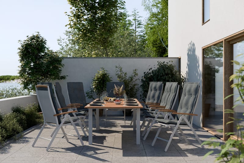 Ruokailuryhmä Las Vegas 220-280 + 8 Säätötuoli Lyx pehmustee - Valkoinen/Tiikki/Valkoinen/Tiikki/Harmaa - Puutarhakalusteet - Ulkoryhmä - Ruokailuryhmät ulos