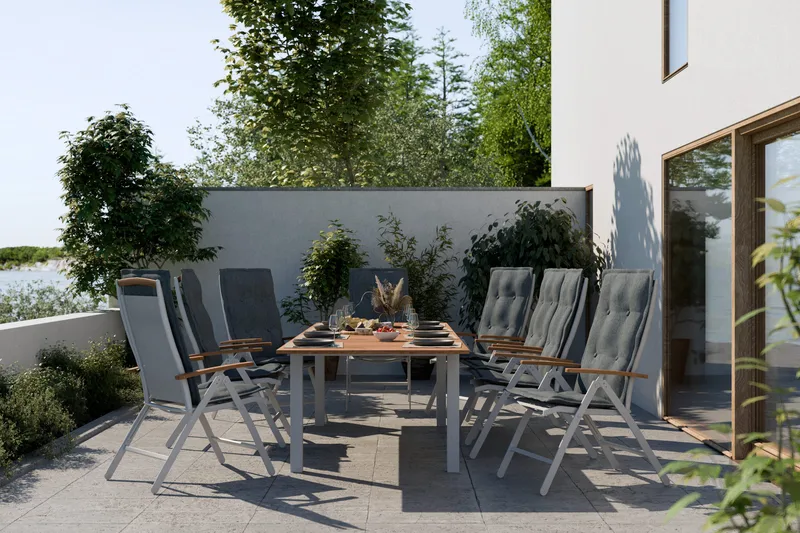 Ruokailuryhmä Las Vegas 220-280 + 8 Säätötuoli Lyx pehmustee - Valkoinen/Tiikki/Valkoinen/Tiikki/Harmaa - Puutarhakalusteet - Ulkoryhmä - Ruokailuryhmät ulos