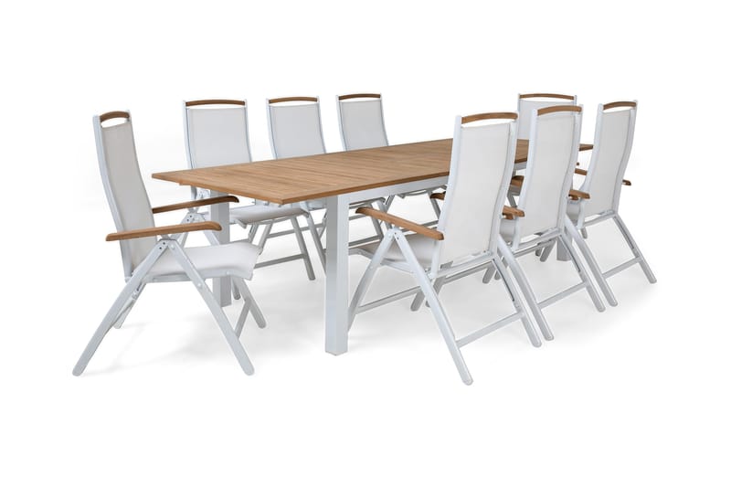 Ruokailuryhmä Las Vegas 220-280 + 8 Tuolia Lyx - Valkoinen/Tiikki/Valkoinen/Tiikki - Puutarhakalusteet - Ulkoryhmä - Ruokailuryhmät ulos