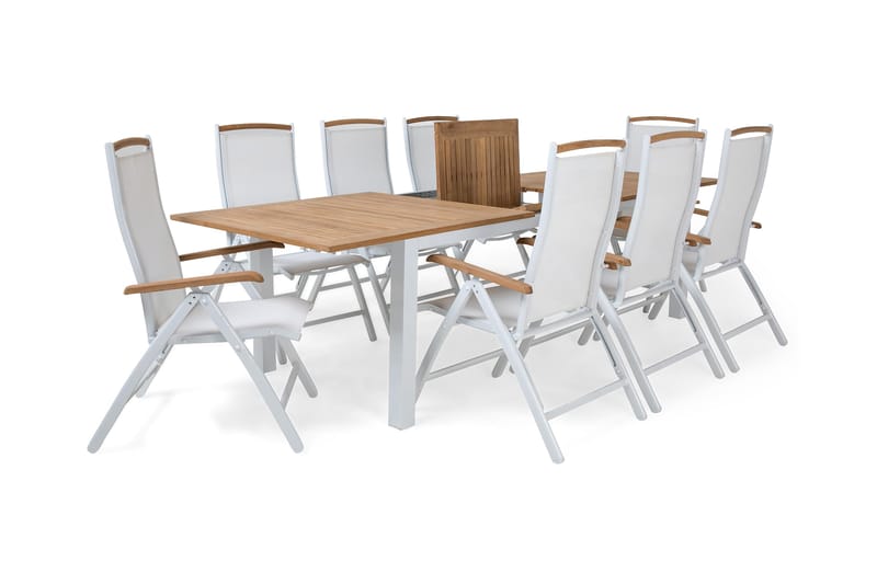 Ruokailuryhmä Las Vegas 220-280 + 8 Tuolia Lyx - Valkoinen/Tiikki/Valkoinen/Tiikki - Puutarhakalusteet - Ulkoryhmä - Ruokailuryhmät ulos