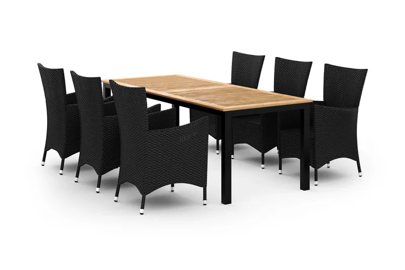 Ruokailuryhmä Las Vegas 220-280 cm + 6 Thor Nojatuolia - Musta/Tiikki/Musta - Puutarhakalusteet - Ulkoryhmä - Ruokailuryhmät ulos