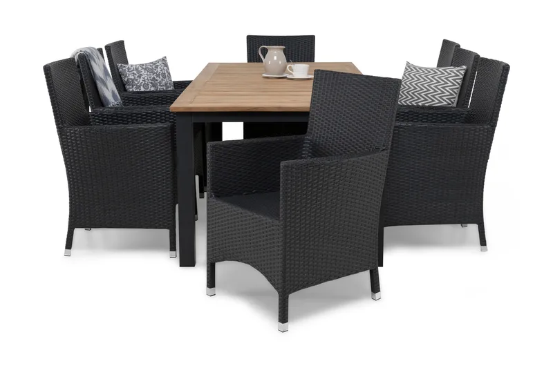 Ruokailuryhmä Las Vegas 220-280 cm + 8 Thor Nojatuolia, Musta/Tiikki/Musta