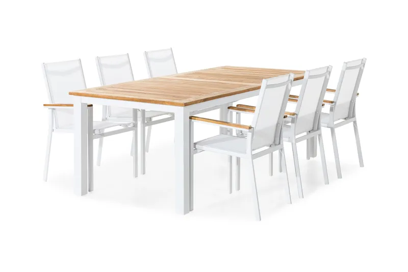 Ruokailuryhmä Las Vegas 220-280x100 + 6 tuolia - Valkoinen/Tiikki - Puutarhakalusteet - Ulkoryhmä - Ruokailuryhmät ulos