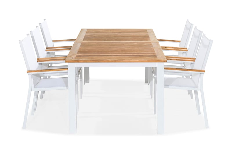 Ruokailuryhmä Las Vegas 220-280x100 + 6 tuolia - Valkoinen/Tiikki - Puutarhakalusteet - Ulkoryhmä - Ruokailuryhmät ulos