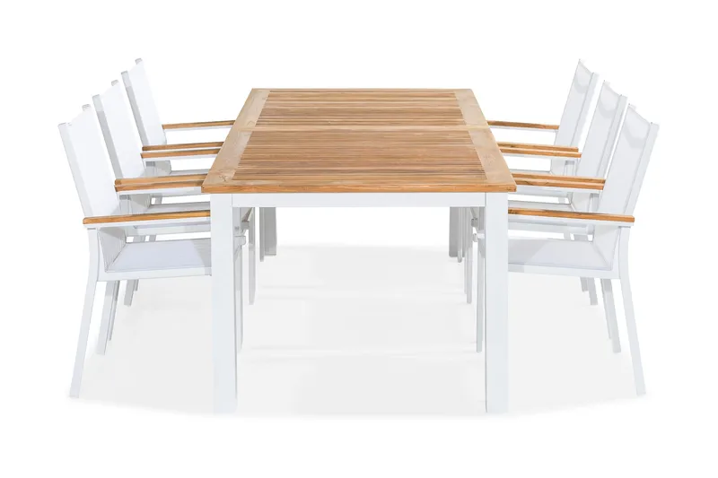 Ruokailuryhmä Las Vegas 220-280x100 + 6 tuolia, Valkoinen/Tiikki