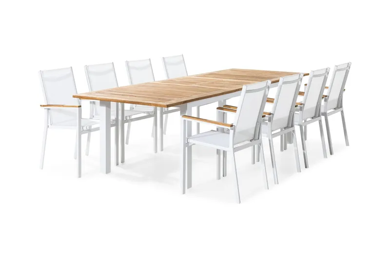 Ruokailuryhmä Las Vegas 220-280x100 + 8 tuolia - Valkoinen/Tiikki - Puutarhakalusteet - Ulkoryhmä - Ruokailuryhmät ulos