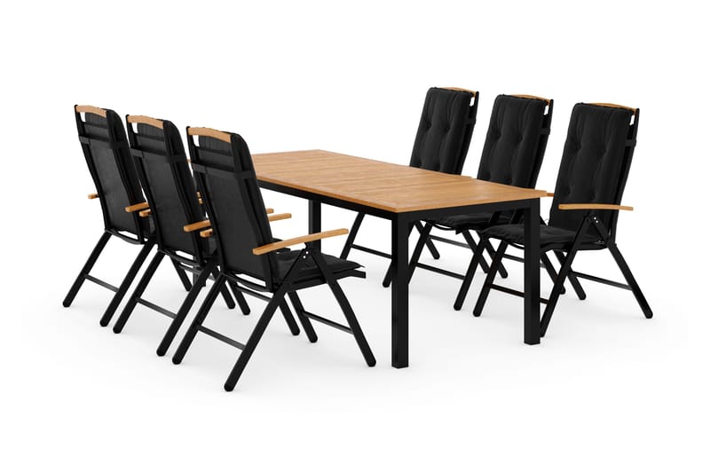 Ruokailuryhmä Las Vegas 220-280x100+ 6 tuolia Pehmuste - Musta/Tiikki - Puutarhakalusteet - Ulkoryhmä - Ruokailuryhmät ulos